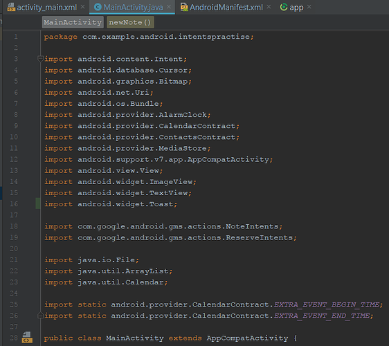 This App's MainActivity.java file showing all of the imports.