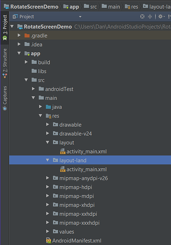 Where the layout-land folder can be found in the Android Studio sub-menu