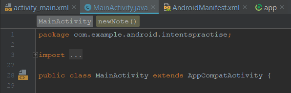 |Line near the top of the MainActivity.java file for this app showing the word import...