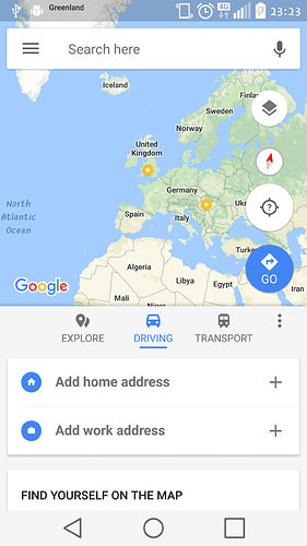 Google maps set to zoom level 1. You can see the UK in the middle of the screen with Northern Africa and Western Europe around it.
