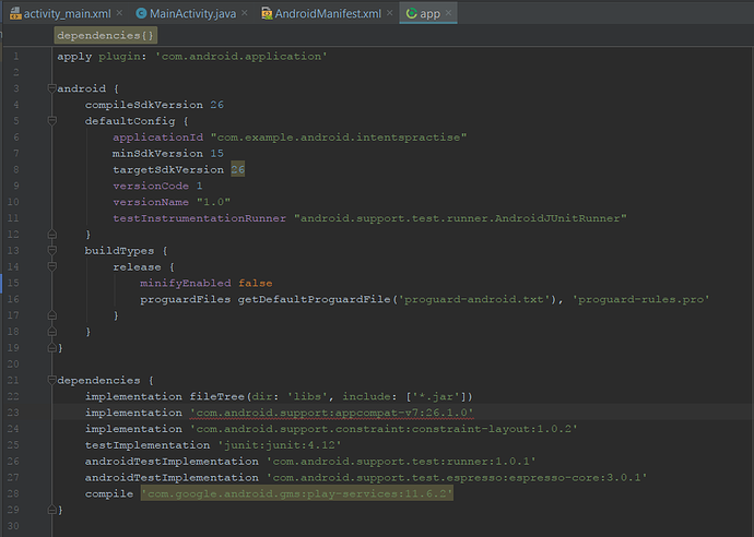 The build.gradle file as it looks before changes are made.