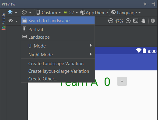 Sub menu showing "Switch to Landscape"