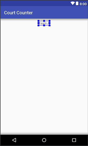 Android App screen showing a small TextView reading "Team A" in the middle of the screen.
