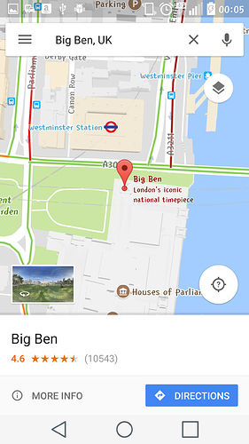 Google Maps centered on Big Ben and showing some of the surrounding area of London.