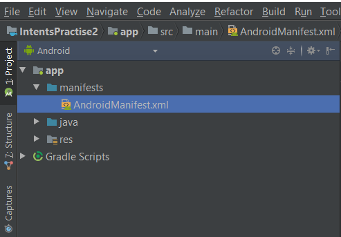 Android Studio sub-menu showing where to find the AndroidManifest.xml file.