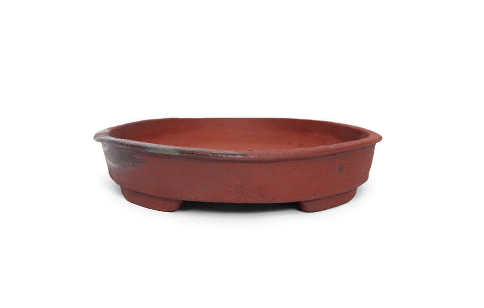 Thumbnail: Ovalen lage bonsai pot in rode klei met een groen/zwarte veeg, zijkant