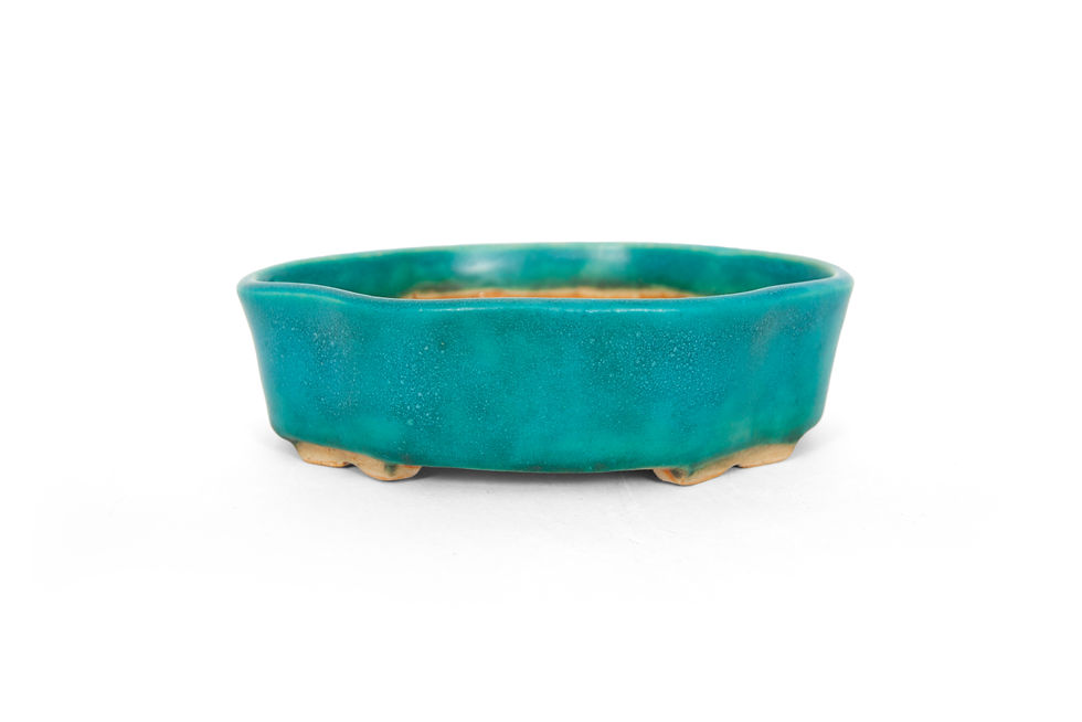 Thumbnail: Kleine bonsai pot voor mame/shohin in een mokko vorm met turqouise glazuur, achterkant