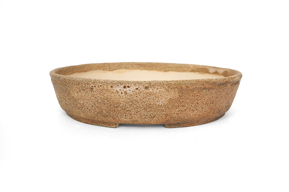 Oval bonsai pot with rough matte beige/light brown glaze