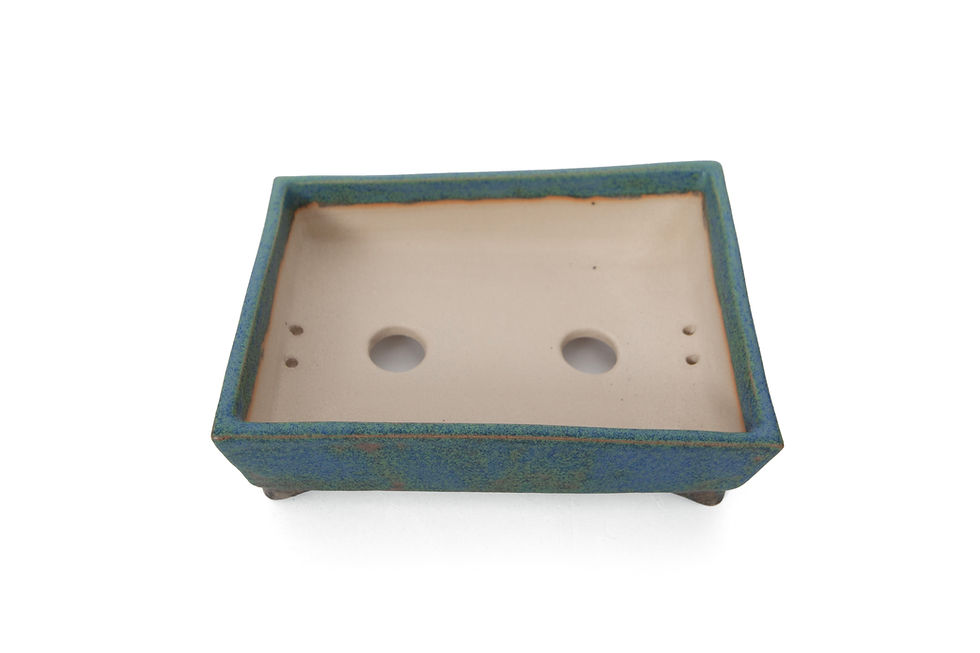 Thumbnail: Rectangular, unequal sides bonsai pot with blue matte glaze and green accents from above