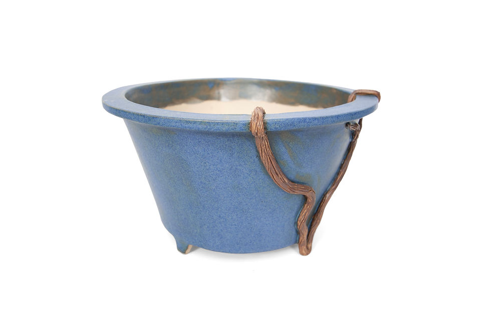 Thumbnail: Ronde hoge bonsai pot in een blauwe glazuur voor een azalea met luchtwortels, zijde