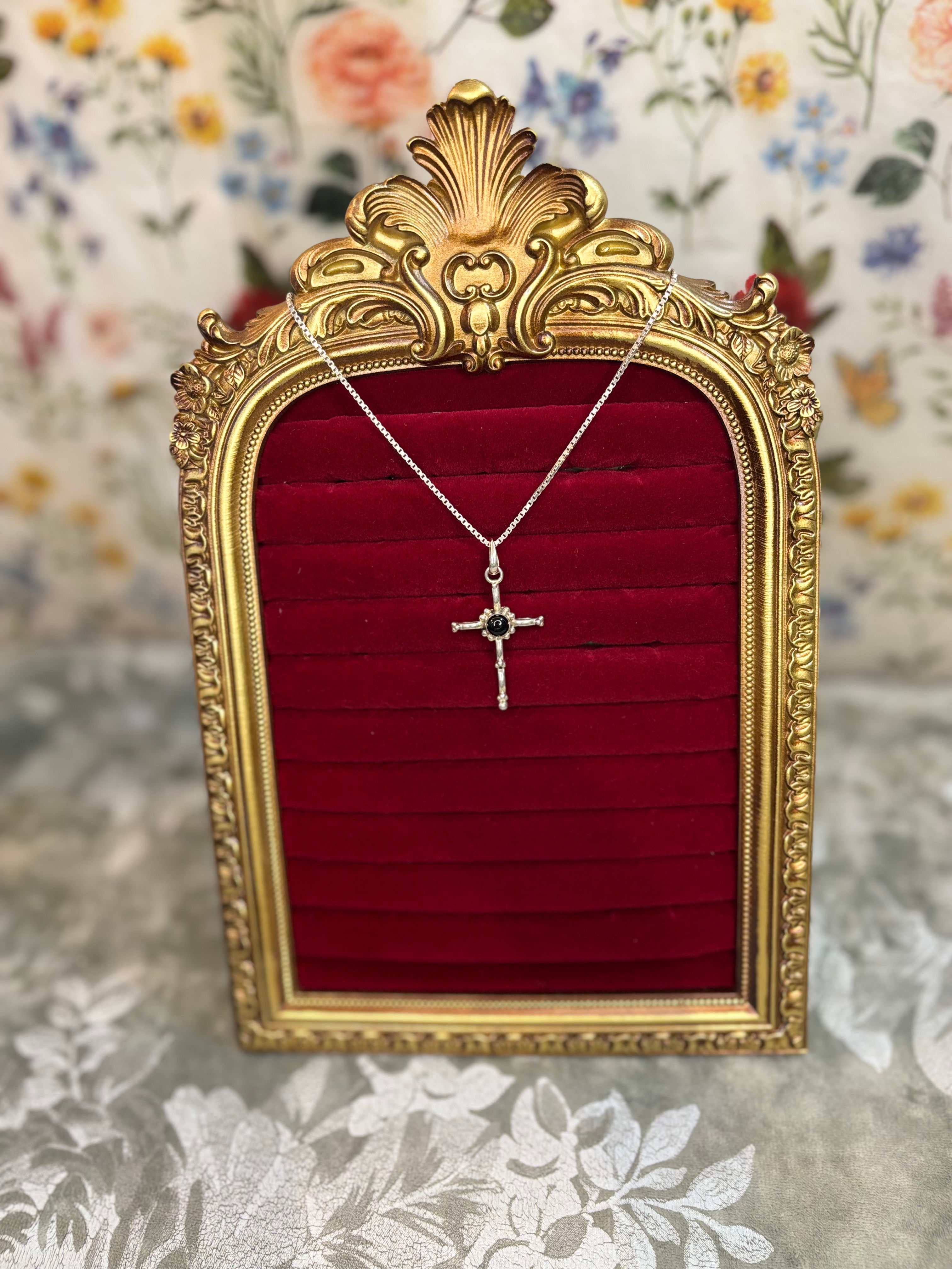 Vintage Sterling Silver Cross Pendant Necklace with Black Onyx Centre Stone
