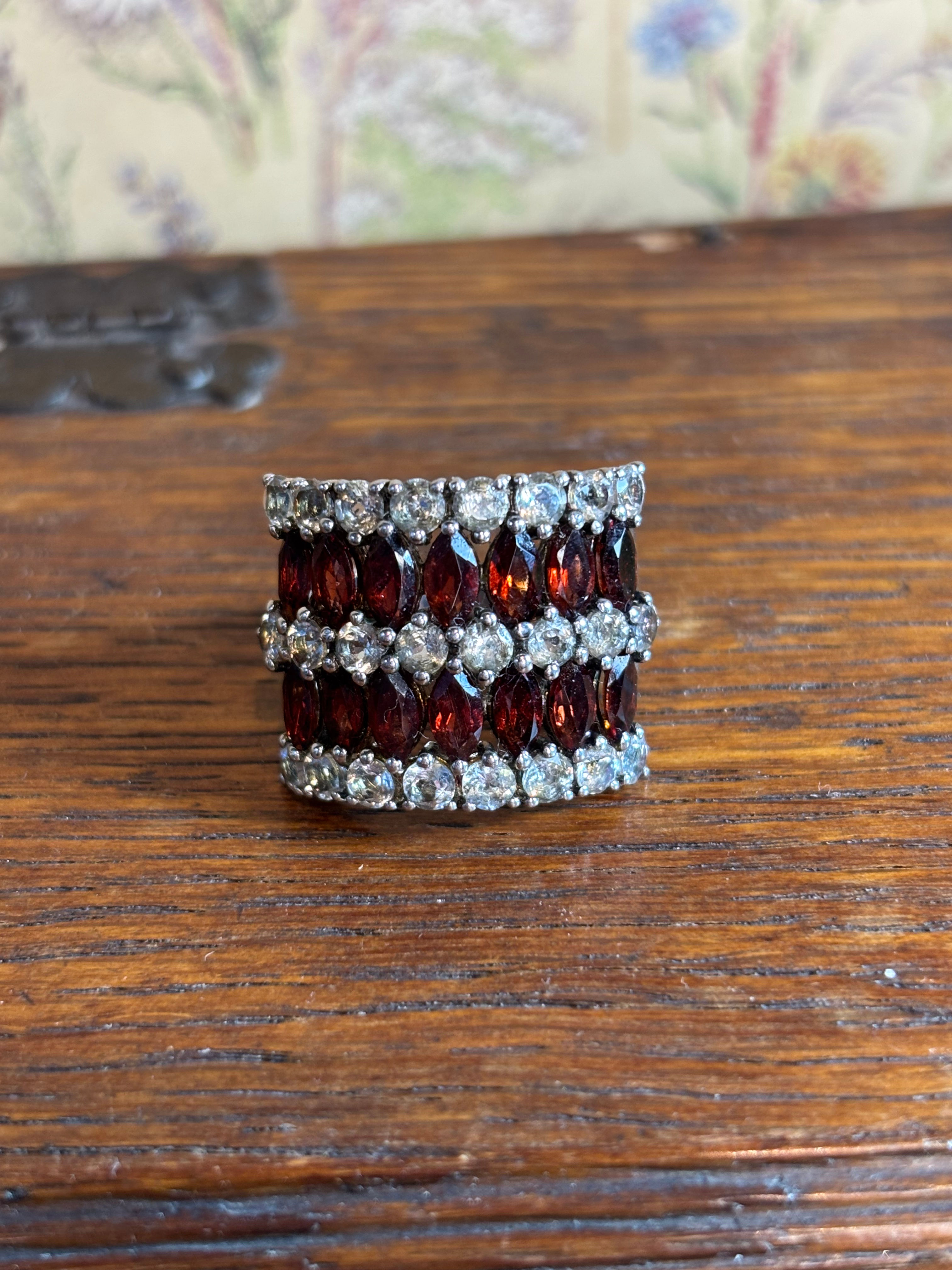 TGGC Sterling Silver Garnet & White Gemstone Statement Ring – Size P½