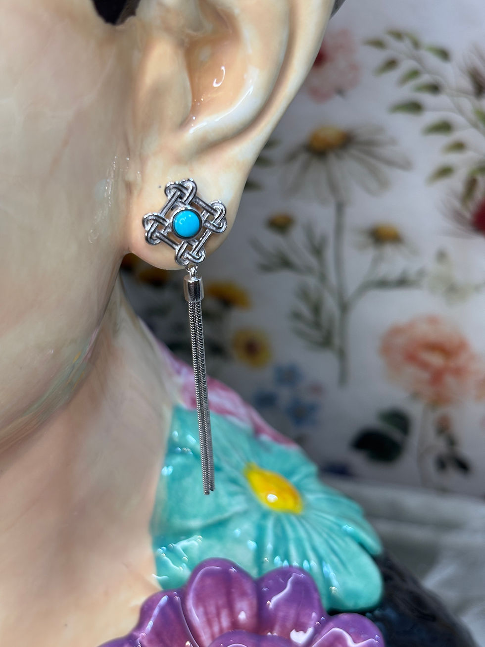 Thumbnail: Vintage Sterling Silver Turquoise Tassel Drop Earrings –  Floral Design