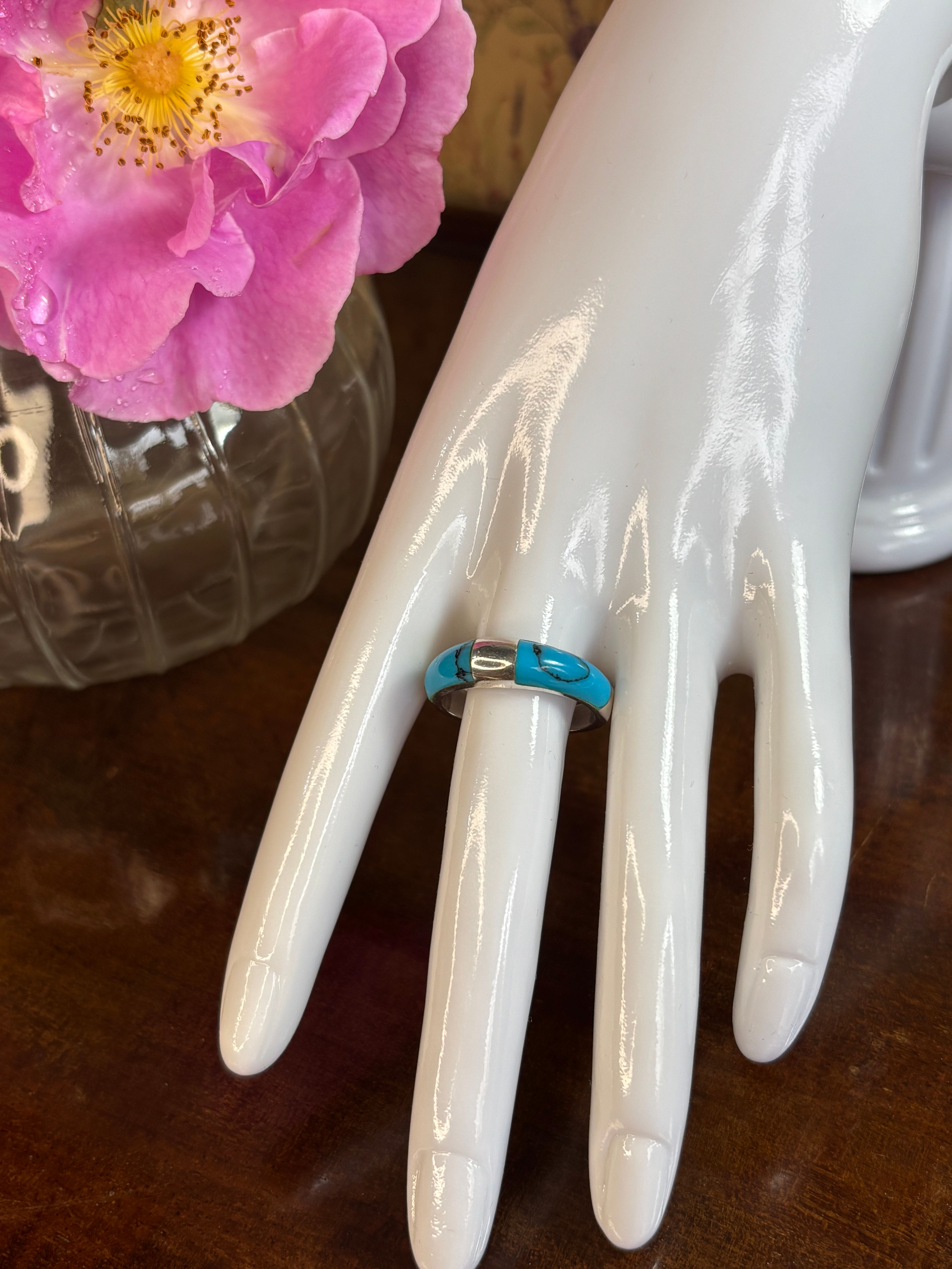 Sterling Silver Turquoise Blue Enamel Band Ring – Size R½