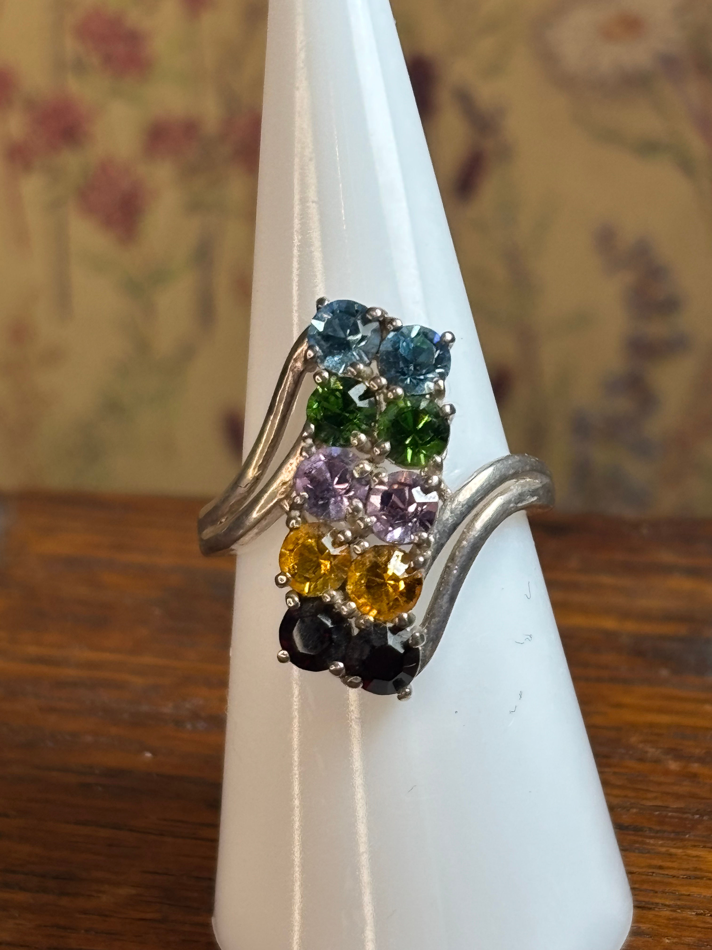 Sterling Silver Multicoloured Stone Crossover Ring – Size M½