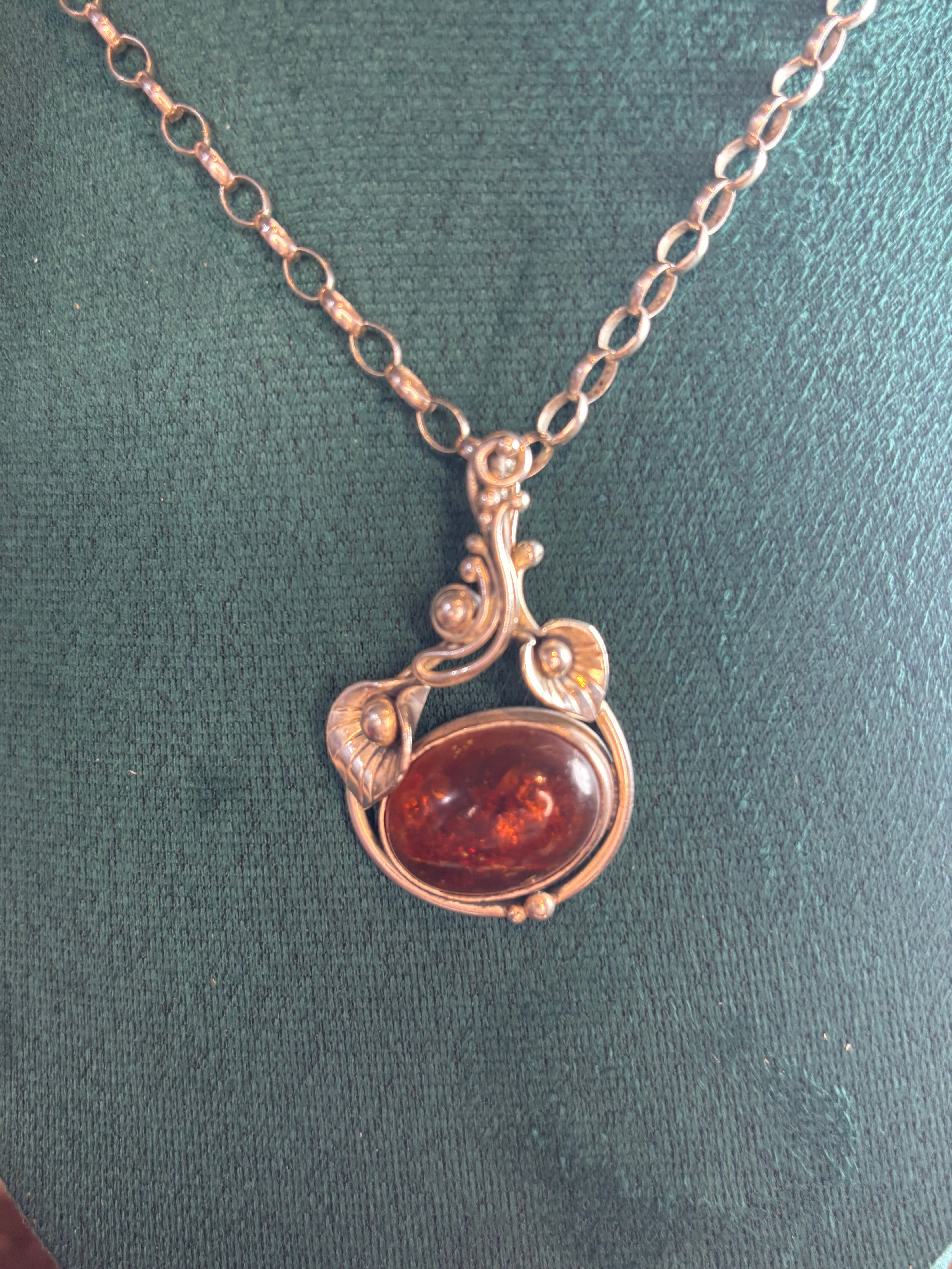 Vintage Sterling Silver Amber Pendant Necklace - Fully Hallmarked Belcher chain