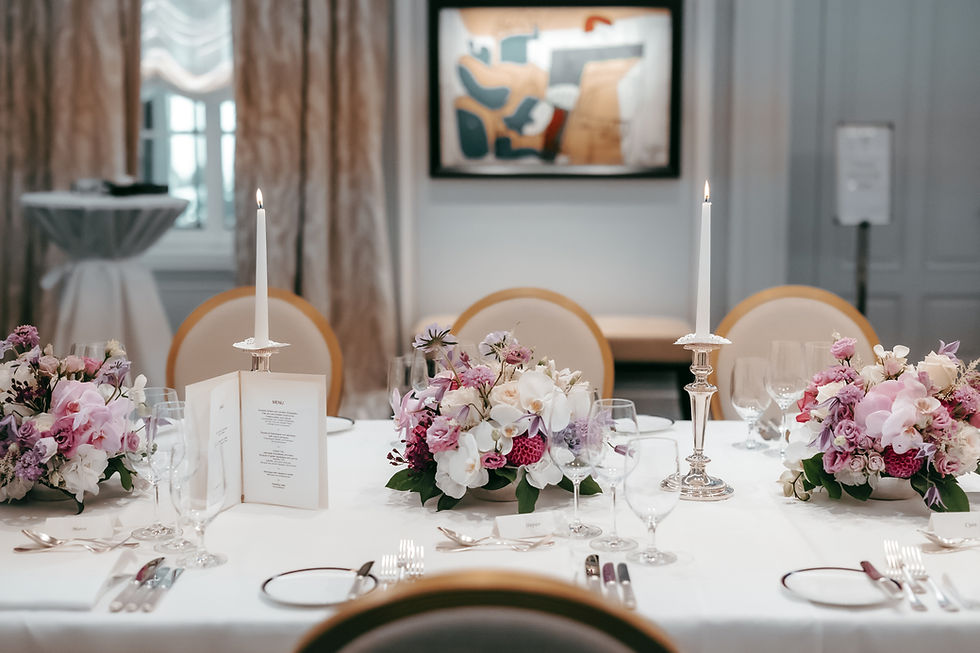 Wedding reception dinner, Baur au Lac salon, pink and purple floral arrangements, Zurich