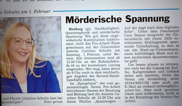 Ankündigung Lesung in Rietberg in der Glocke 