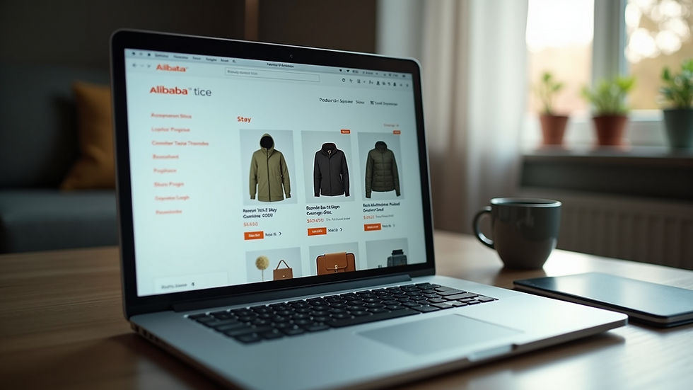 Close-up view of a laptop screen showing Alibaba product listings
