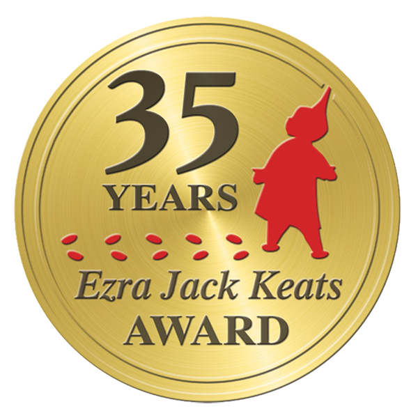 Gold circle with the net 35 years, Ezra Jack Keats Award. Silhouette of boy in red with red footprints.