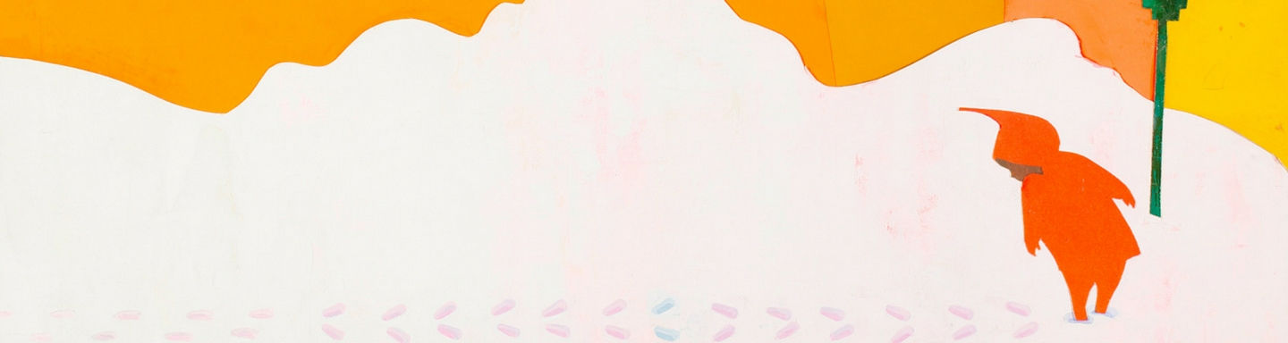 Image from the Snowy Day - snowy background with footprints and a boy in a red snowsuit walking in the snow. 