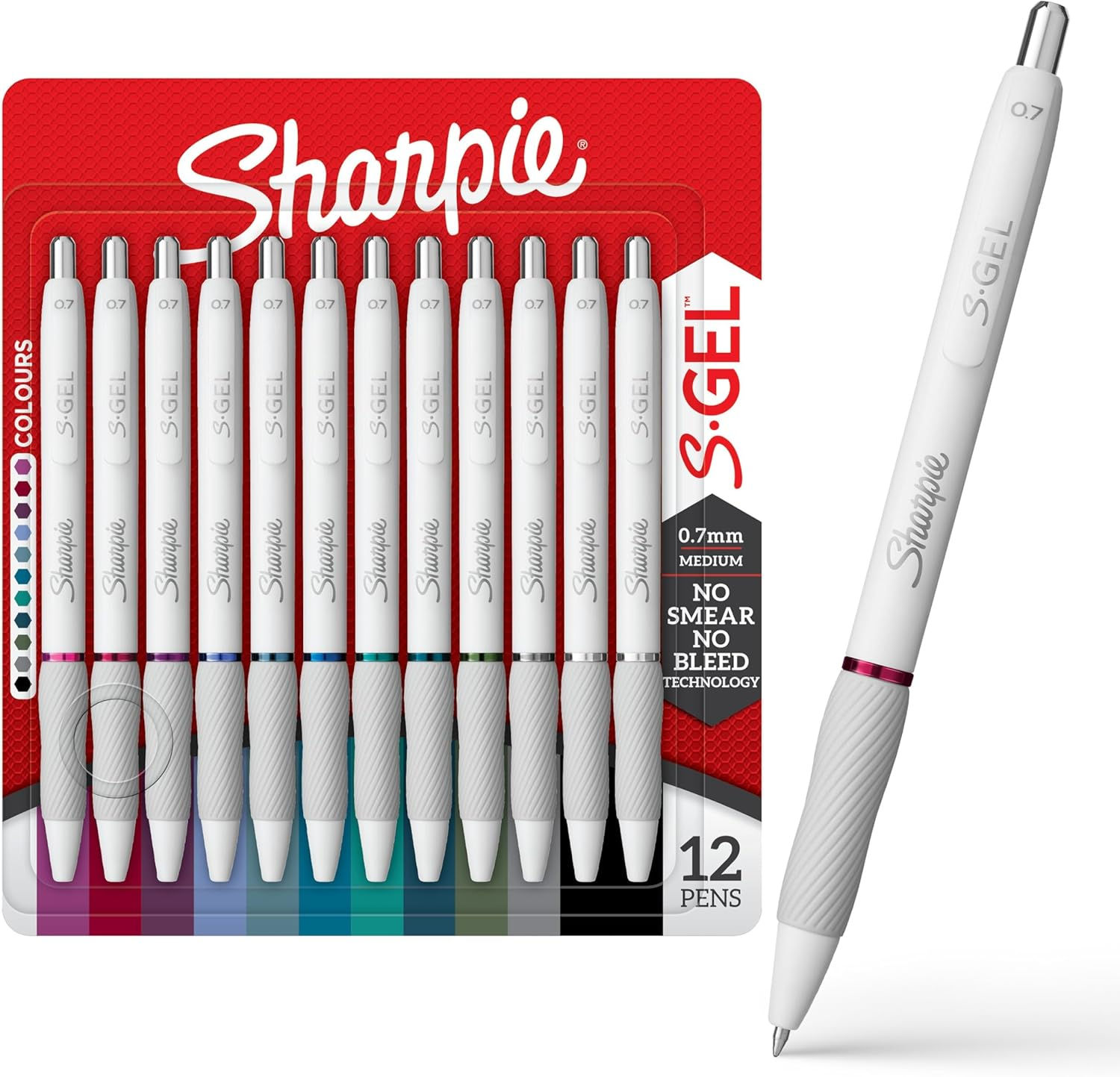 Sharpie S-Gel Pens, Pearl White Body, Medium Point 0.7mm, Bold Ink Colors, 12-pk