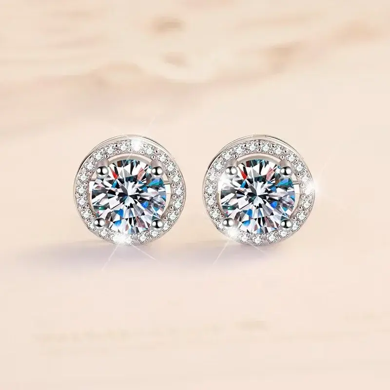 Thumbnail: Mayfair Royal Halo Moissanite Stud Earrings in White Gold Finish