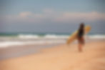 En fond l'océan, les vagues et sur la droite Laurie en bikini de dos transportant un longboard
