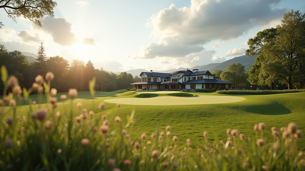 Eye-level view of a serene landscape with a custom home in the background