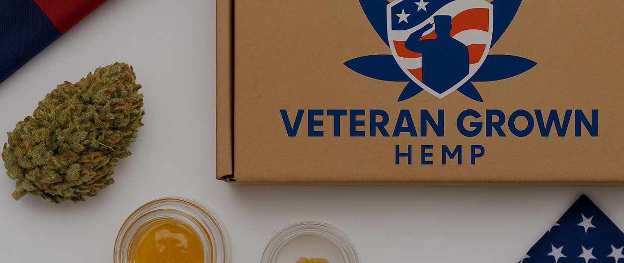 THCa flower shipping box with Veteran Grown Hemp logo