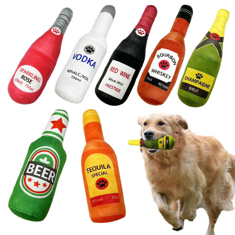 Funny Plush Dog Toys Beer Bottle Shaped Small Large Dogs Squeak Sound Clean Teet