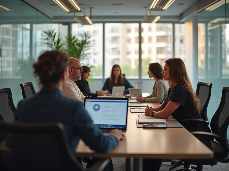Professional workplace office environment with diverse team collaborating