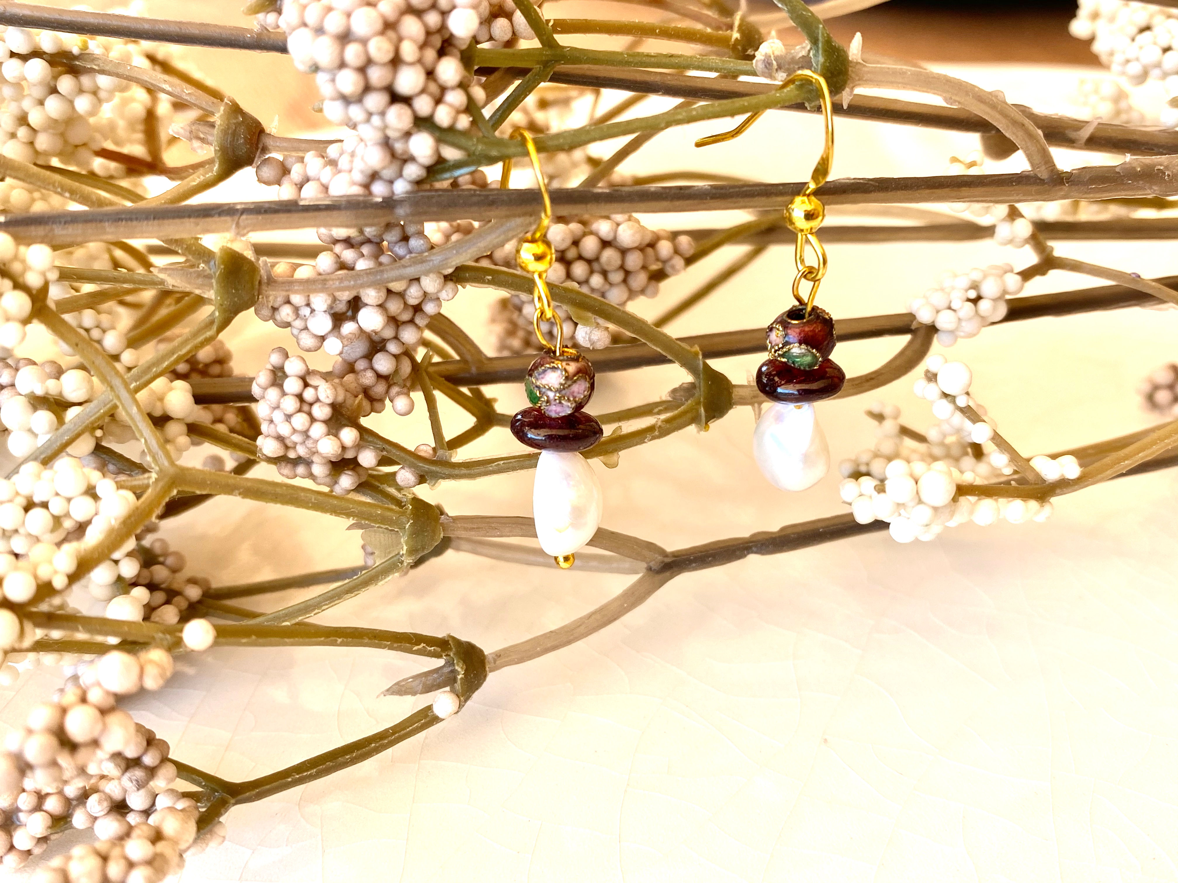 Garnet, Cloisonée, and Pearl Dangles