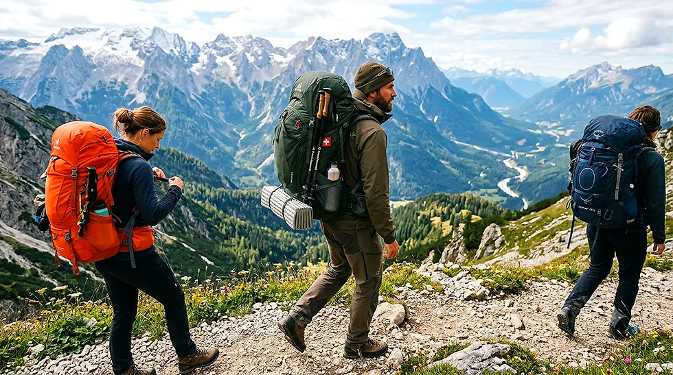 Wanderer mit Trekkingrucksack in alpiner Landschaft