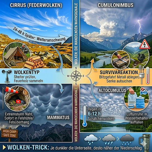 Wetterkunde Infografik: Wolkenformen, Gewitter erkennen, Luftdruck.
