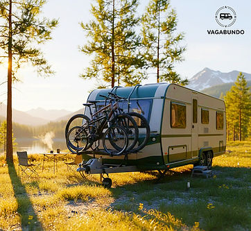 VAGABUNDO Wohnwagen mit Fahrrädern im Wald bei Sonnenuntergang und Lagerfeuer.