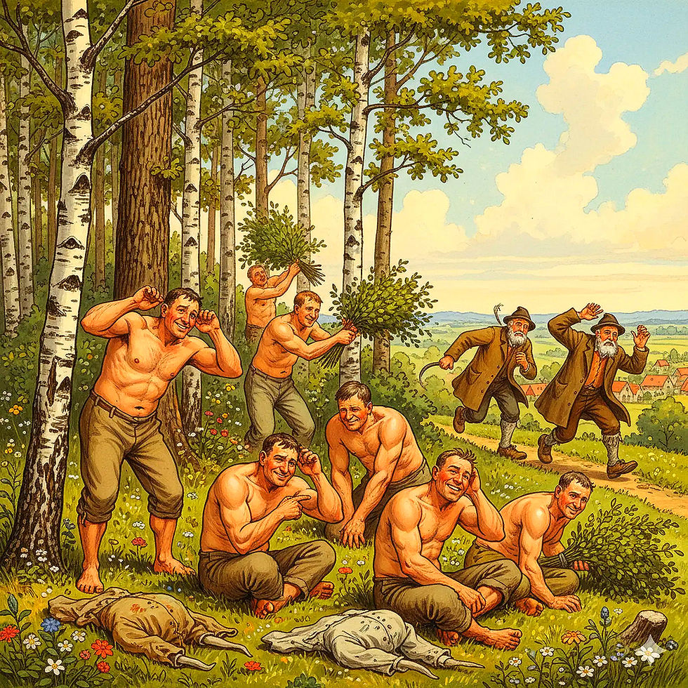 Halbnackte Männer im Wald verwirrt, zwei fliehen; tote Hasen liegen.