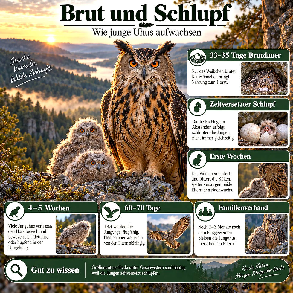 Infografik zu Uhu-Küken: Adulter Uhu mit zwei Küken auf Felsen vor Sonnenuntergang; Texte zu Brut, Schlupf und Entwicklungsphasen.