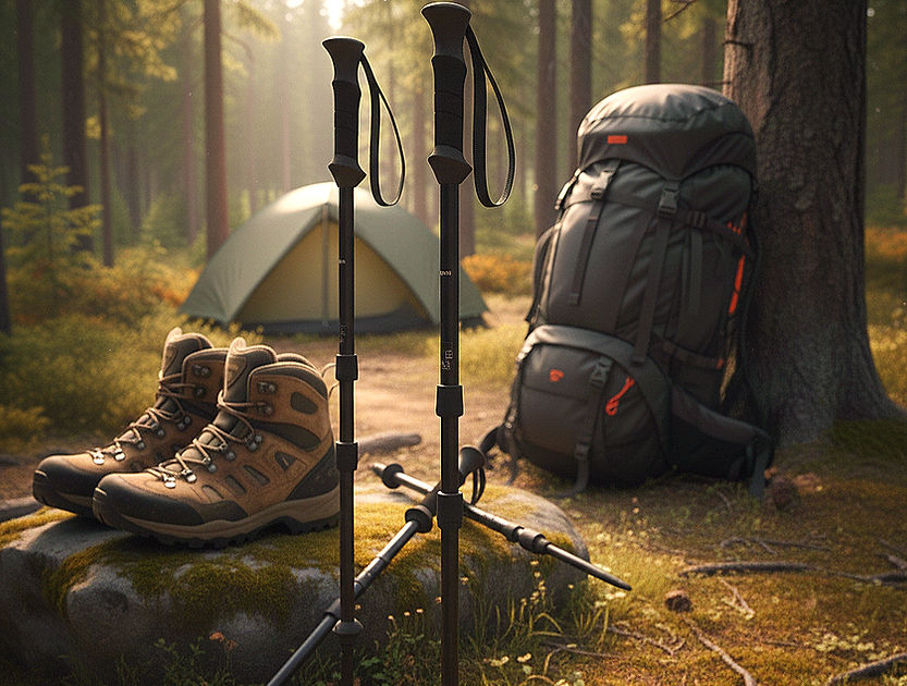 Wanderstöcke, Wanderschuhe und Rucksack Campingausrüstung. Alles über Wanderstöcke im Wald. Wanderstock