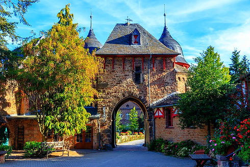 Historisches Burgtor mit Steinbogen, umgeben von Bäumen unter blauem Himmel.