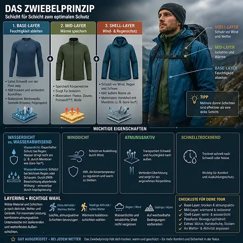 Infografik Zwiebelprinzip: Schichten für Outdoor-Bekleidung, Funktionskleidung, Outdoor-Jacken.