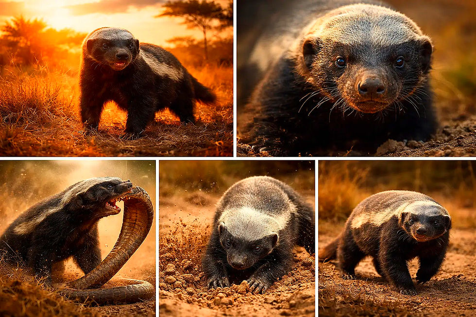 Ein Honigdachs in fünf Posen, auch im Kampf mit Schlange.