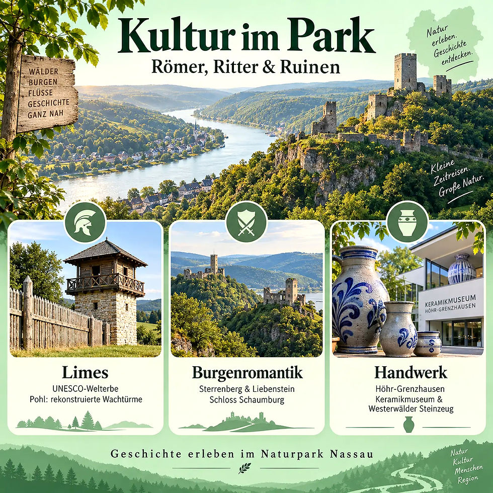 Kultur im Naturpark Nassau: Limes, Burgen und Handwerk.
