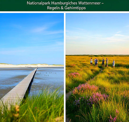 Nationalpark Hamburgisches Wattenmeer: Steg über Wattflächen, Küstenlandschaft mit Menschen.