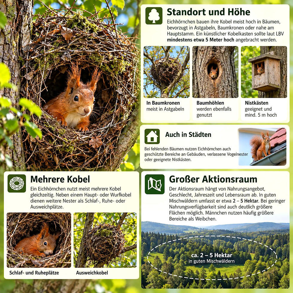 Infografik über Eichhörnchen-Kobel: Tier im Baumnest, Nistkästen und Stadt, mit Text zu Standorten und 2–5 Hektar.