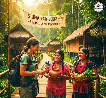 Drei Frauen interagieren vor SIONA ECO-LODGE Banner, "Support Local Community".