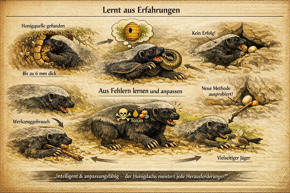 Honigdachs lernt aus Erfahrungen und Fehlern, meistert Herausforderungen.