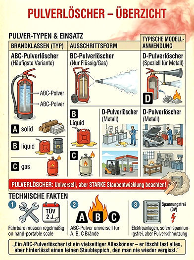 Übersicht Pulverlöscher: Typen, Brandklassen und Einsatz zur Minderung von Brandrisiken.