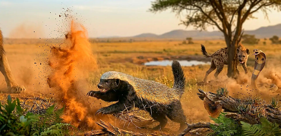 Honigdachs wirbelt Staub in der Savanne auf