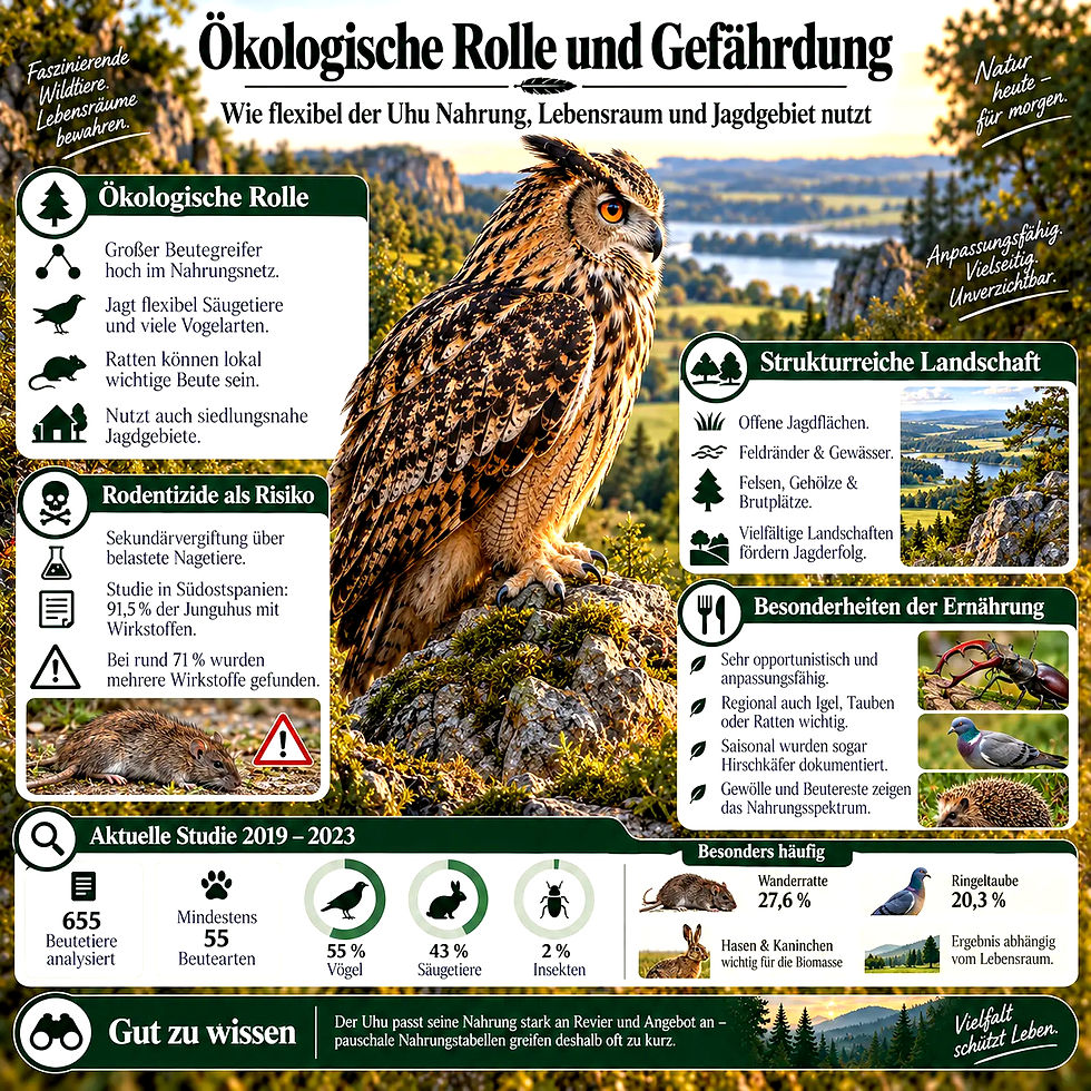 Infografik mit Uhu auf Felsen vor Landschaft; Texte zu Ökologie, Lebensraum, Ernährung und Rodentizid-Risiko.
